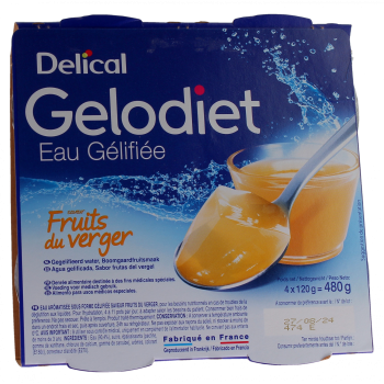 Gelodiet Eau g&eacute;lifi&eacute;e saveur fruits du verger Delical - lot de 4 pots de 120g