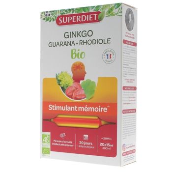 Ginkgo guarana rhodiole bio stimulant m&eacute;moire Super Diet - bo&icirc;te de 20 ampoules