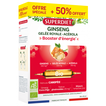 Ginseng gel&eacute;e royale et ac&eacute;rola Bio Super Diet - boite de 20 ampoules + 10 ampoules offertes