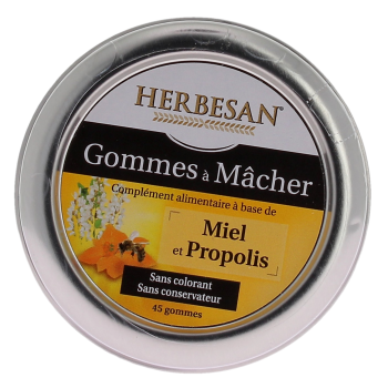 Gommes &agrave; m&acirc;cher miel et propolis Herbesan - boite de 45 gommes