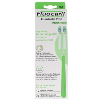 Interdental Pro Syst&egrave;me interchangeable m&eacute;dium Kit de d&eacute;marrage Fluocaril - bo&icirc;te de 1 manche durable + 2 t&ecirc;tes rempla&ccedil;ables