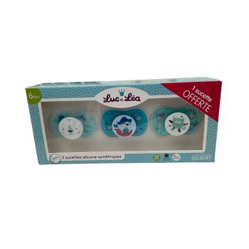 Sucettes silicone sym&eacute;triques 6 m+ Luc et L&eacute;a - 3 sucettes dont 1 offerte