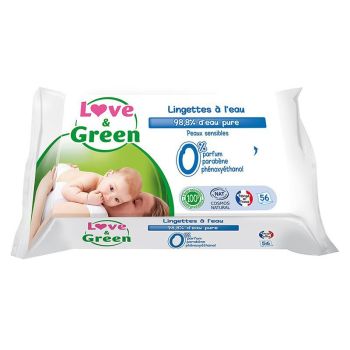 Lingettes &agrave; l'eau peaux sensibles Love & Green - paquet de 56 lingettes