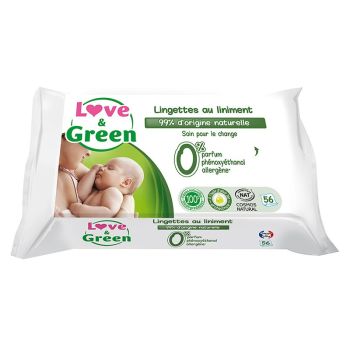 Lingettes au liniment sp&eacute;cial change b&eacute;b&eacute; Love & Green - sachet de 56 lingettes