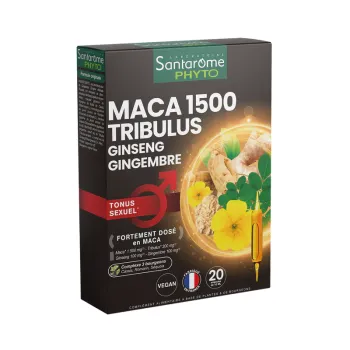 Maca 1500 tribulus ginseng gingembre Tonus sexuel Santarome - boîte de 20 ampoules