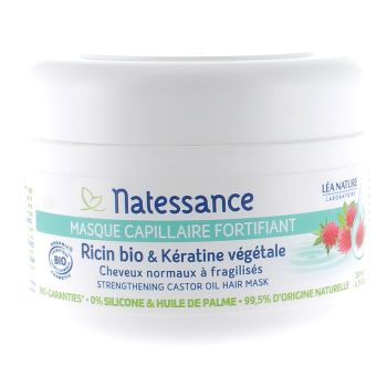 Masque capillaire fortifiant Ricin bio et K&eacute;ratine v&eacute;g&eacute;tale Natessance - Pot de 200ml