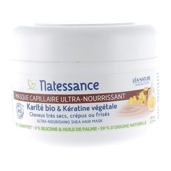 Masque capillaire ultra-nourrissant Karit&eacute; bio et K&eacute;ratine v&eacute;g&eacute;tale Natessance - pot de 200 ml