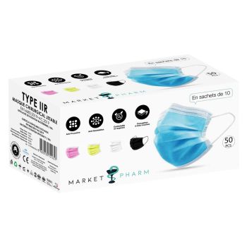Masques chirurgicaux 3 plis type IIR multicolores - bo&icirc;te de 50 masques