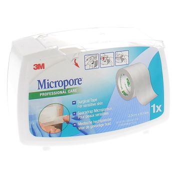 Micropore Sparadrap blanc avec d&eacute;vidoir 3M - rouleau de 2,5 cm x 9,14 m