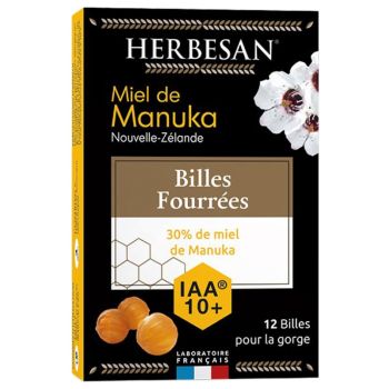 Miel de Manuka billes fourr&eacute;es IAA 10+ Herbesan - bo&icirc;te de 12 billes pour la gorge