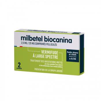 Milbetel 2,5mg/25mg vermifuge petits chiens et chiots +0,5kg Biocanina - bo&icirc;te de 2 comprim&eacute;s