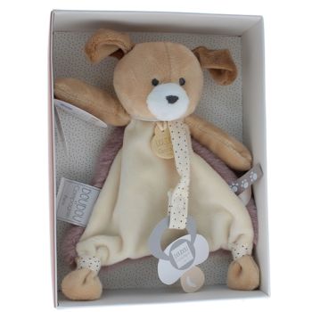 Mini doudou chien attache sucette Doudou et compagnie - bo&icirc;te avec doudou de 15 cm