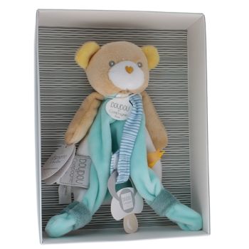 Mini doudou ours attache sucette Doudou et compagnie - bo&icirc;te avec doudou de 15 cm