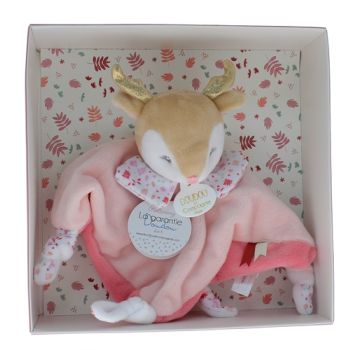 Mini doudou renne rose Doudou et compagnie - bo&icirc;te avec doudou de 20 cm