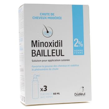 Minoxidil Bailleul 2 %, solution pour application cutan&eacute;e - 3 flacons de 60 ml