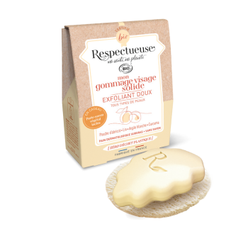 Mon gommage visage solide exfoliant doux bio Respectueuse - pain de 35g + porte-savon v&eacute;g&eacute;tal offert