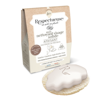 Mon nettoyant visage solide apaisant bio Respectueuse - pain de 35g + porte-savon v&eacute;g&eacute;tal offert