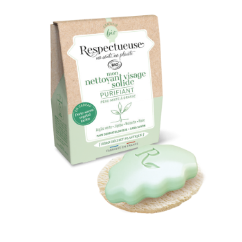 Mon nettoyant visage solide purifiant bio Respectueuse - pain de 35g + porte-savon v&eacute;g&eacute;tal offert