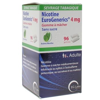 Nicotine 4mg menthe sans sucre gommes EuroGenerics EG Labo - bo&icirc;te de 96 gommes