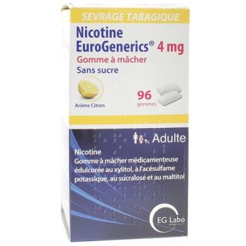 Nicotine EuroGenerics 4mg sans sucre ar&ocirc;me citron - bo&icirc;te de 96 gommes &agrave; m&acirc;cher