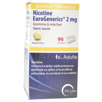 Nicotine EuroGenerics 2mg sans sucre ar&ocirc;me citron - bo&icirc;te de 96 gommes &agrave; m&acirc;cher
