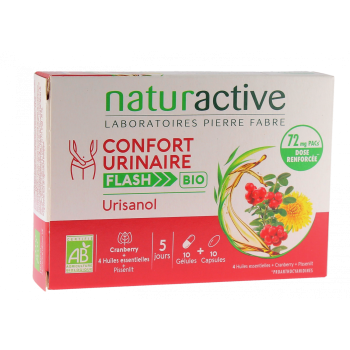 Urisanol Confort urinaire flash bio Naturactive - bo&icirc;te de 10 g&eacute;lules et 10 capsules