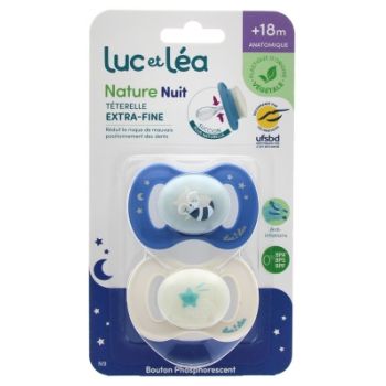 Nature Nuit sucettes anatomiques t&eacute;terelle extra-fine +18 mois raton laveur & &eacute;toile filante Luc et L&eacute;a - lot de 2 sucettes