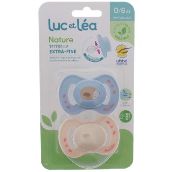 Nature sucettes anatomiques t&eacute;terelle extra-fine 0-6 mois h&eacute;risson & beige Luc et L&eacute;a - lot de 2 sucettes