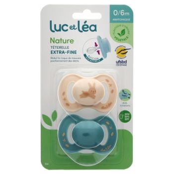 Nature sucettes anatomiques t&eacute;terelle extra-fine 0-6 mois lapin & bleu Luc et L&eacute;a - lot de 2 sucettes