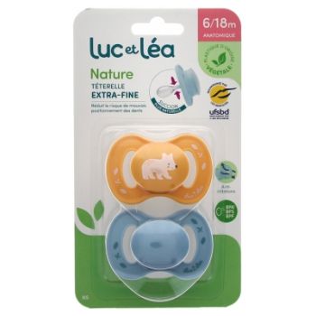 Nature sucettes anatomiques t&eacute;terelle extra-fine 6-18 mois ours & bleu Luc et L&eacute;a - lot de 2 sucettes