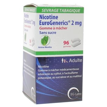 Nicotine EuroGenerics 2mg sans sucre ar&ocirc;me menthe - bo&icirc;te de 96 gommes &agrave; m&acirc;cher