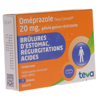 Om&eacute;prazole 20 mg Teva conseil - boite de 7 g&eacute;lules