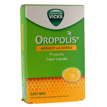 Oropolis coeur liquide go&ucirc;t miel sans sucres Vicks - bo&icirc;te de 16 pastilles