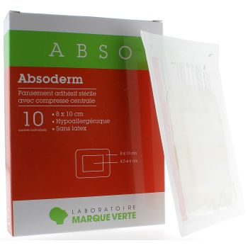 Absoderm Pansement adh&eacute;sif st&eacute;rile avec compresse centrale 8x10 cm Marque Verte - bo&icirc;te de 10 sachets individuels