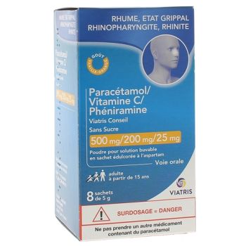 Parac&eacute;tamol Vitamine C Ph&eacute;niramine sans sucre Mylan - 8 sachets de 5g