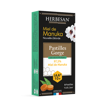 Pastilles gorge miel de manuka IAA10+ eucalyptus Herbesan - bo&icirc;te de 8 pastilles