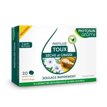 Pastilles toux s&egrave;che et grasse ar&ocirc;me orange Phytosun Ar&ocirc;ms - bo&icirc;te de 20 pastilles