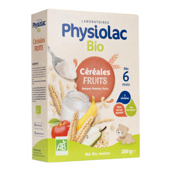 Physiolac bio c&eacute;r&eacute;ales fruits d&egrave;s 6 mois Gilbert - boite de 200 g