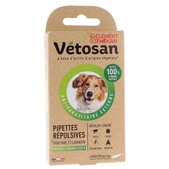 Pipettes r&eacute;pulsives moyen et grand chien v&eacute;tosan Cl&eacute;ment Th&eacute;kan - 2 pipettes de 3 ml