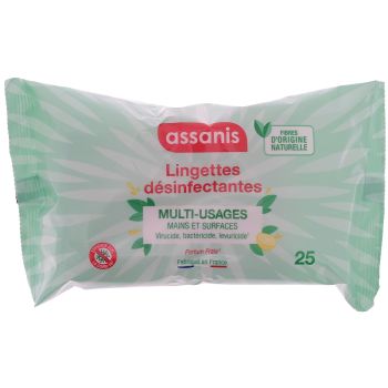 Lingettes d&eacute;sinfectantes multi-usages Assanis - paquet de 25 lingettes