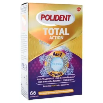 Total action nettoyant 4 en 1 pour appareils dentaires Polident - bo&icirc;te de 66 comprim&eacute;s