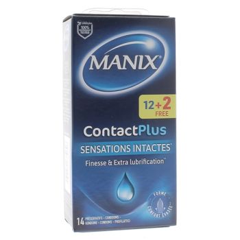 Pr&eacute;servatifs plus fins Contact Plus Manix - bo&icirc;te de 12 + 2 gratuits