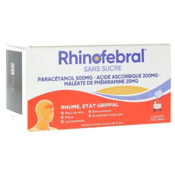 Rhinofebral &eacute;tats grippaux sans sucre poudre pour solution buvable - bo&icirc;te de 8 sachets