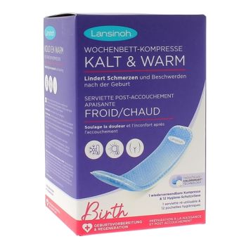 Serviette r&eacute;utilisable flexible post accouchement apaisant froid/chaud Lansinoh - bo&icirc;te d'une serviette + 12 pochettes jetables