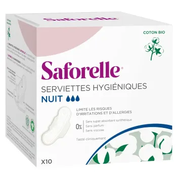 Serviettes hygi&eacute;niques nuit en coton bio Saforelle - bo&icirc;te de 10 serviettes
