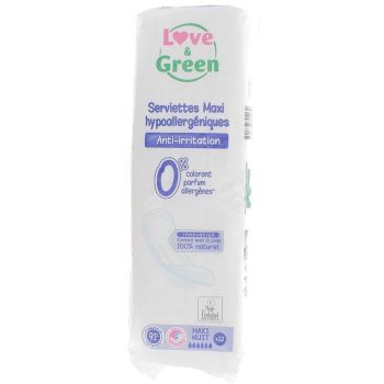 Serviettes anti-irritations maxi nuit Love & Green - 12 serviettes