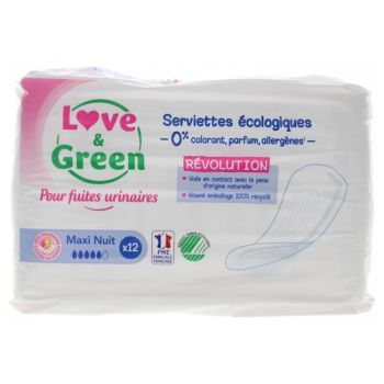 Serviettes &eacute;cologiques fuites urinaires maxi nuit Love & Green - sachet de 12 serviettes