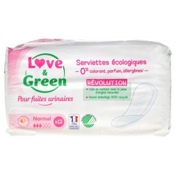 Serviettes &eacute;cologiques fuites urinaires normal Love & Green - sachet de 12 serviettes