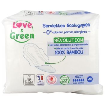 Serviettes hypoallerg&eacute;niques nuit Love & Green - sachet de 10 serviettes