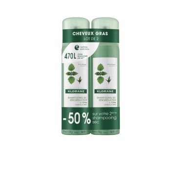 Shampooing sec s&eacute;bor&eacute;ducteur &agrave; l'ortie Klorane - lot de 2 sprays de 150 ml